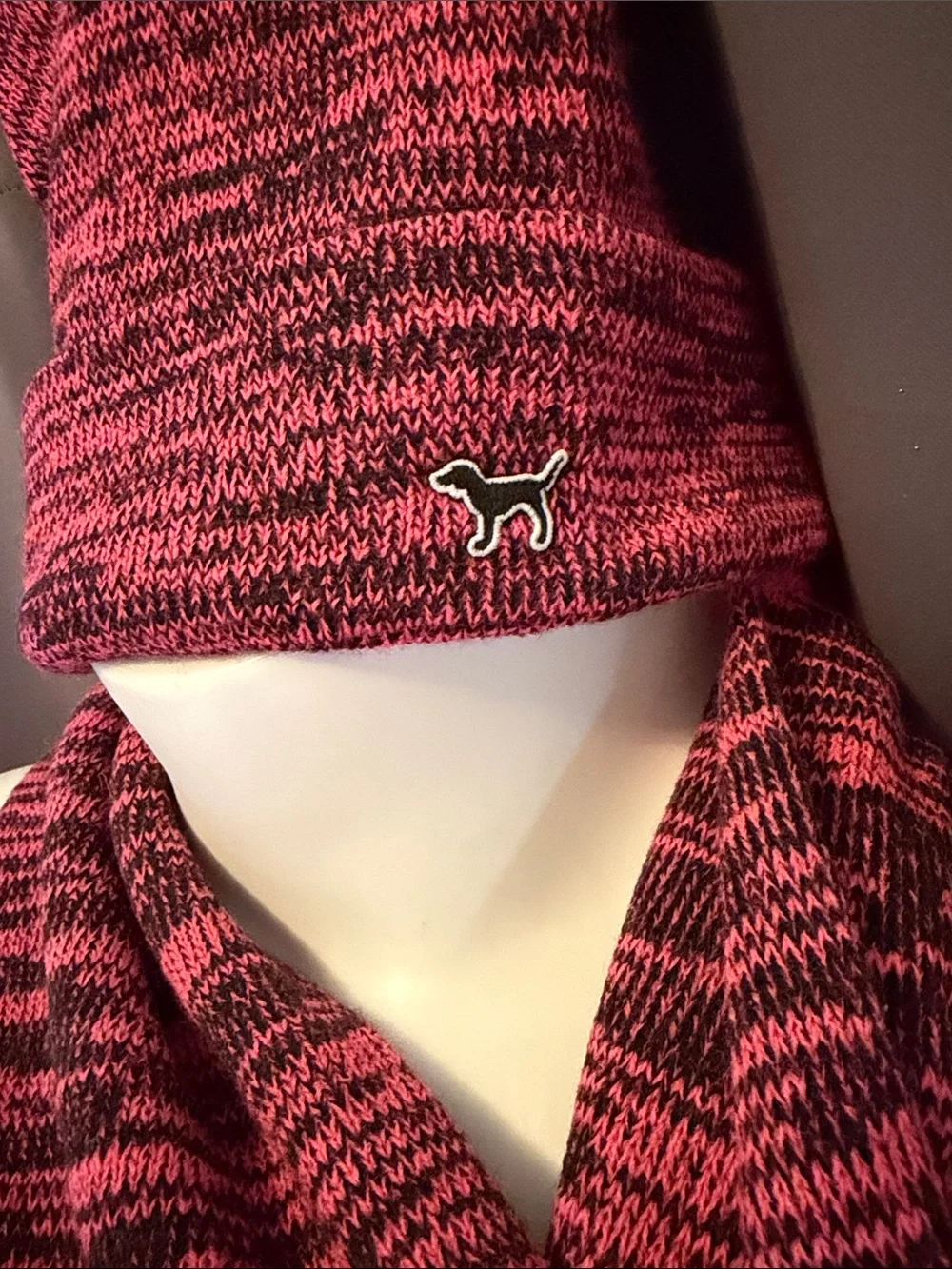 PINK Victoria's Secret Pink and Black Knit Slouch Beanie with Infinity Scarf Set